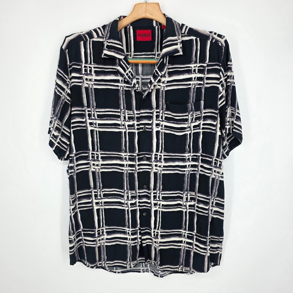 Hugo Boss Ellino Navy White Grid Short Sleeve Button Up Shirt XXL Straight Fit